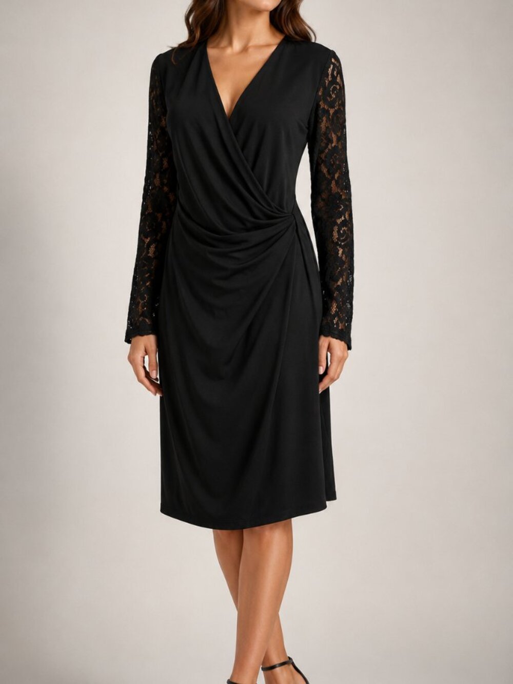 Anne Klein Black Lace Sleeve Draped Wrap Dress Size 10